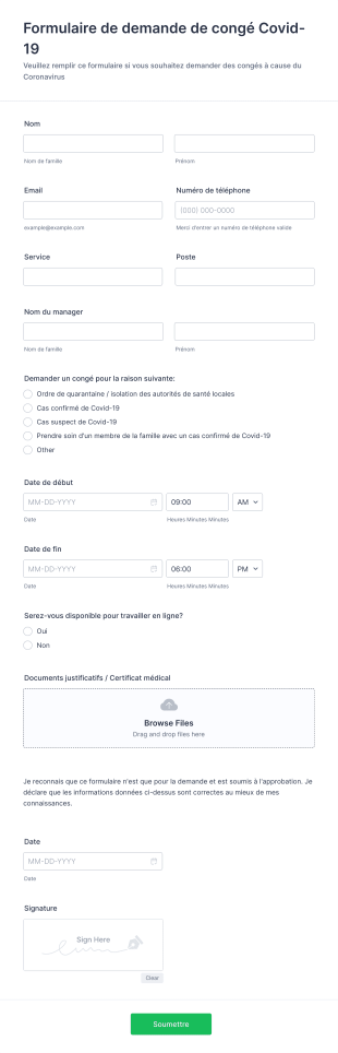 Formulaire De Demande De Congés Covid 19 Form Template