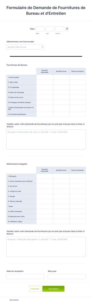 Formulaire De Demande De Fournitures De Bureau Et D'Entretien Form Template