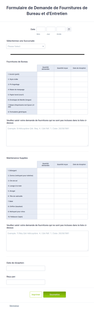 Formulaire De Demande De Fournitures De Bureau Et D'Entretien
