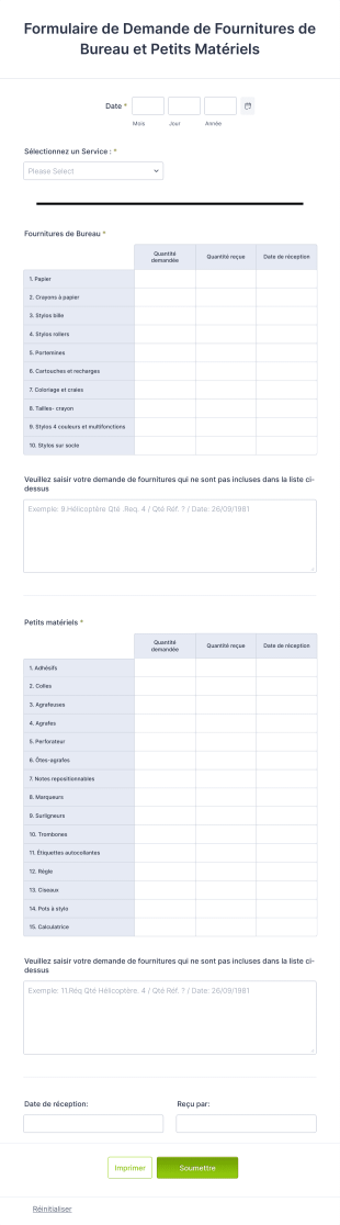 Formulaire De Demande De Fournitures De Bureau Et Petits Matériels Form Template