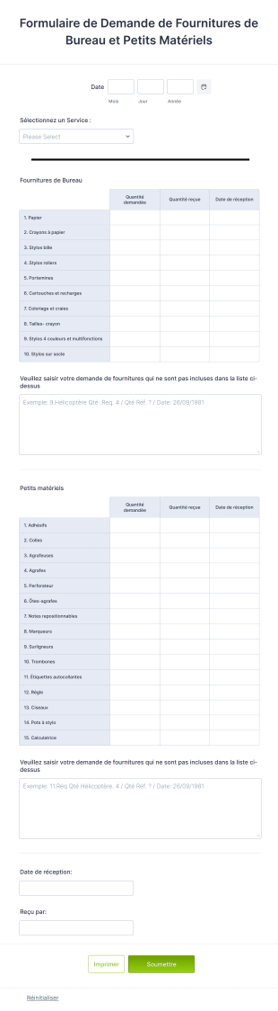 Formulaire De Demande De Fournitures De Bureau Et Petits Matériels