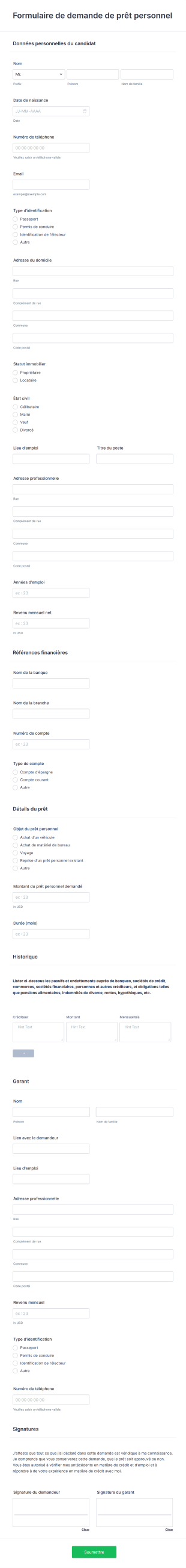 Formulaire De Demande De Prêt Personnel Form Template