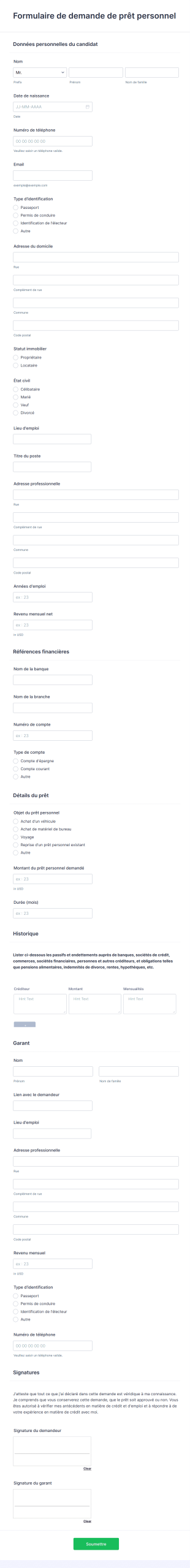 Formulaire De Demande De Prêt Personnel Form Template