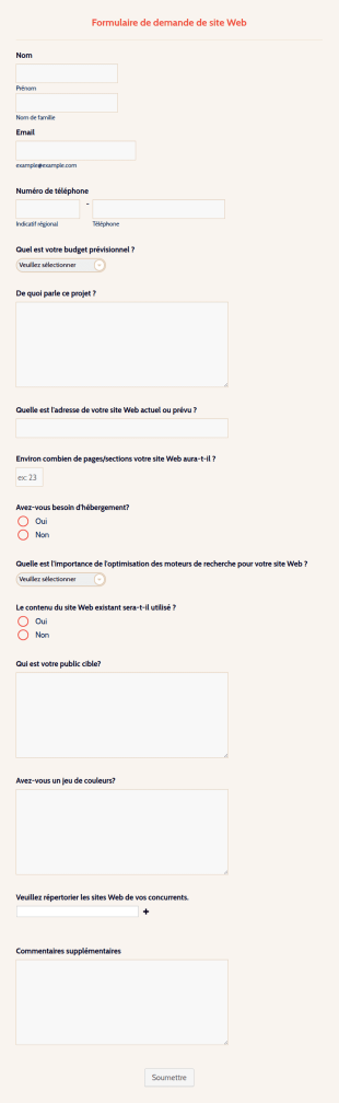 Formulaire De Demande De Site Web