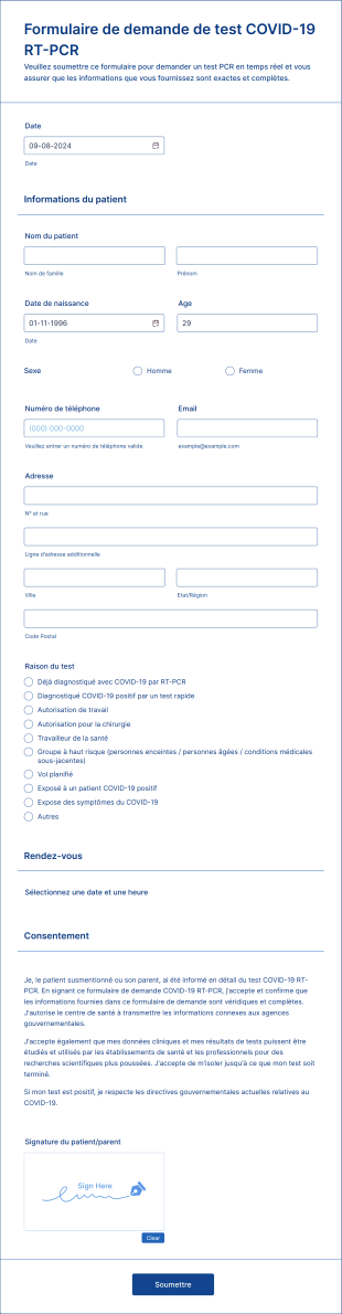 Formulaire De Demande De Test COVID 19 RT PCR Form Template