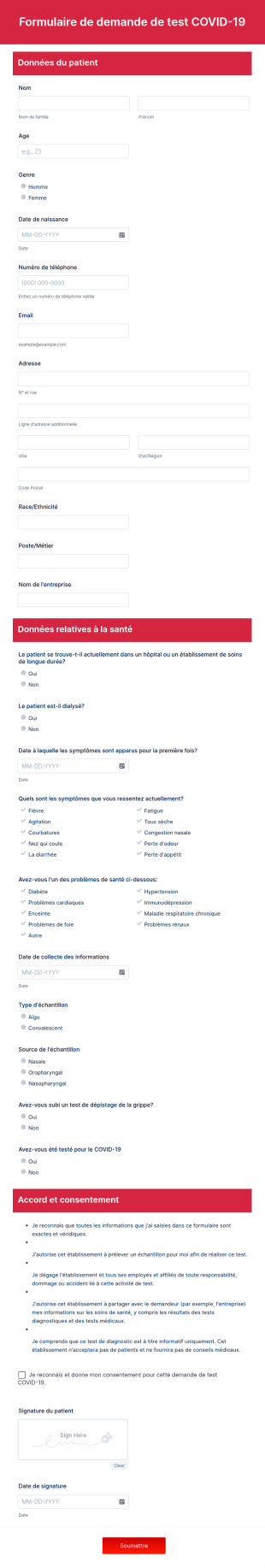 Formulaire De Demande De Test COVID 19