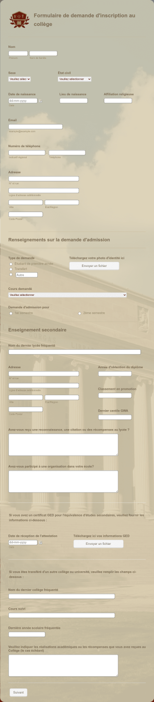Formulaire De Demande D'inscription Au Collège Form Template