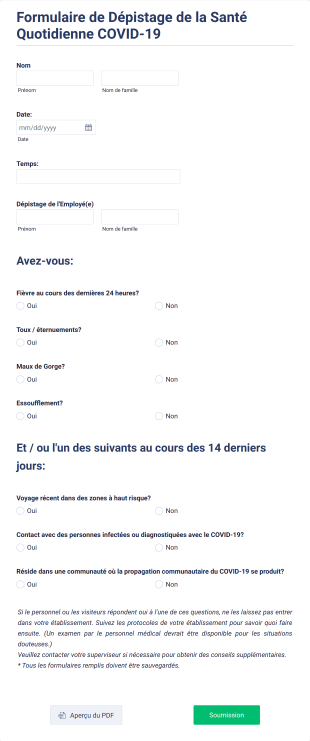 Formulaire De Dépistage De La Santé Quotidienne COVID 19