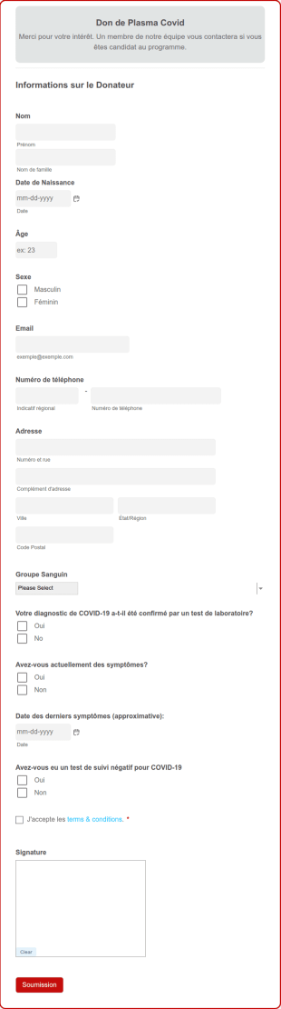 Formulaire De Don De Plasma COVID