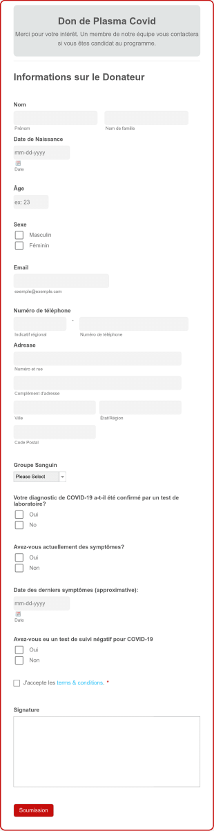 Formulaire De Don De Plasma COVID Form Template