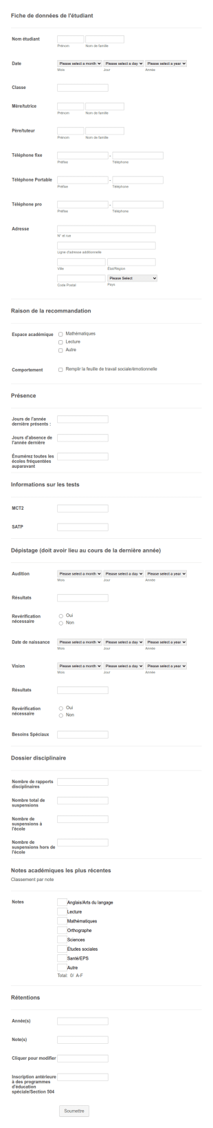 Formulaire De Données De L'étudiant