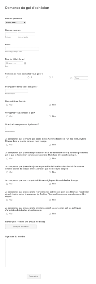 Formulaire De Gel D'adhésion Au Fitness Form Template