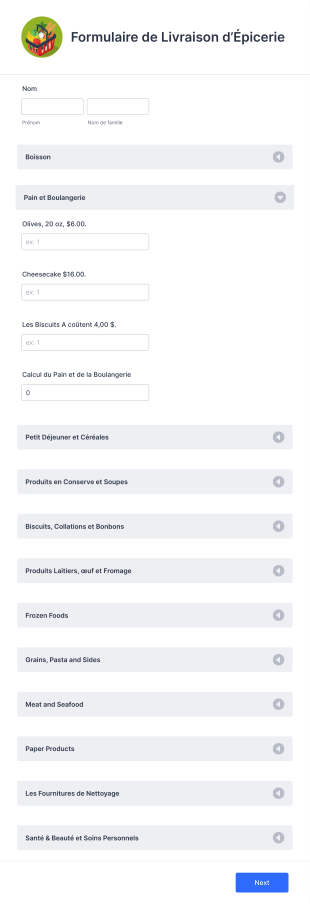 Formulaire De Livraison D’Épicerie Form Template