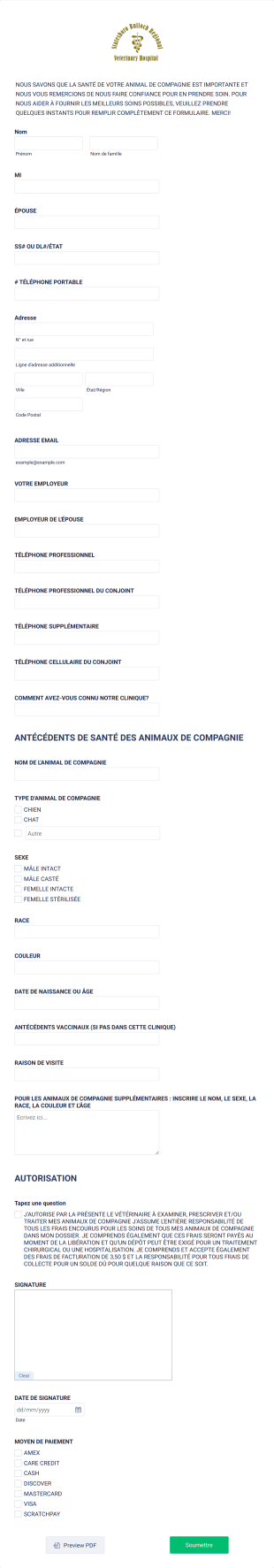 Formulaire De Nouveau Client Vétérinaire Form Template