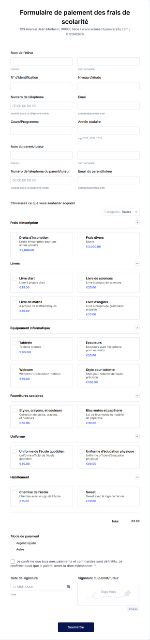 Formulaire De Paiement Des Frais De Scolarité Form Template