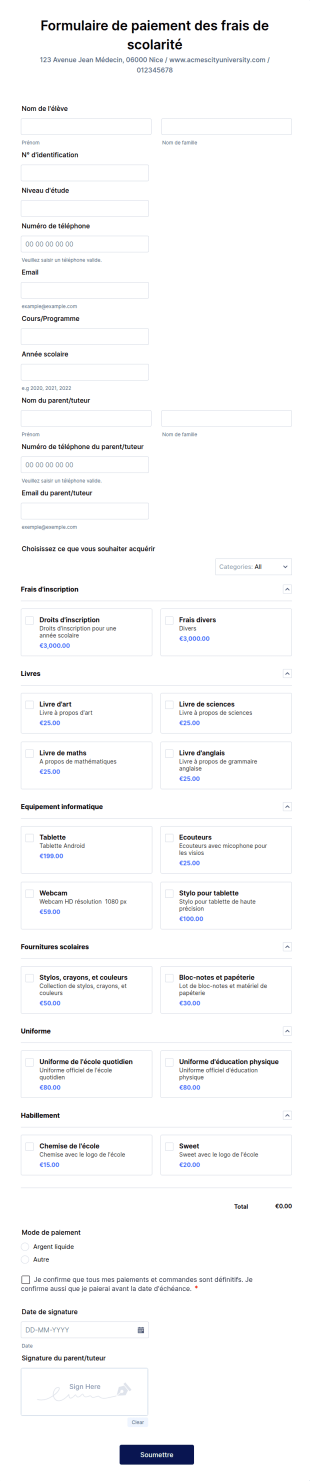 Formulaire De Paiement Des Frais De Scolarité