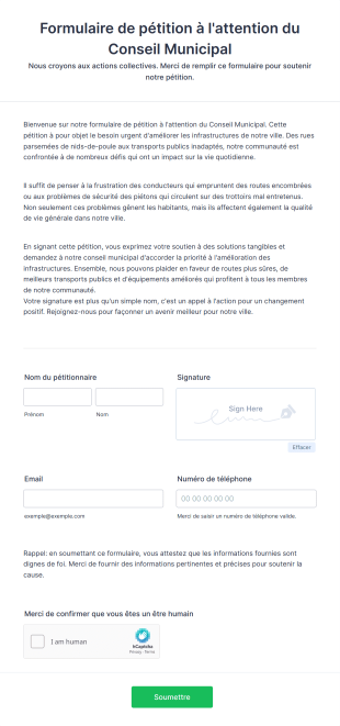 Formulaire De Pétition à L'attention Du Conseil Municipal Form Template