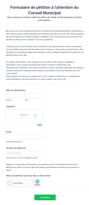 Formulaire De Pétition à L'attention Du Conseil Municipal