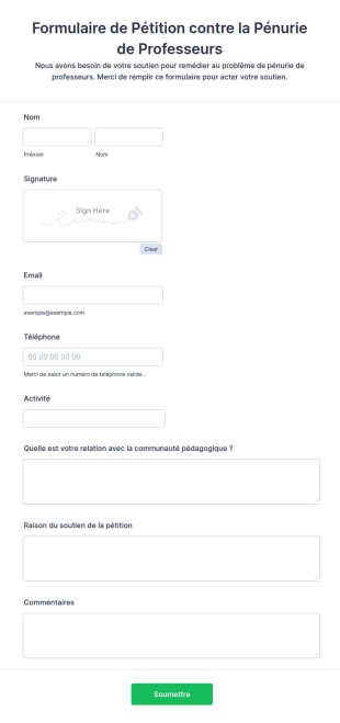Formulaire De Pétition Contre La Pénurie De Professeurs
