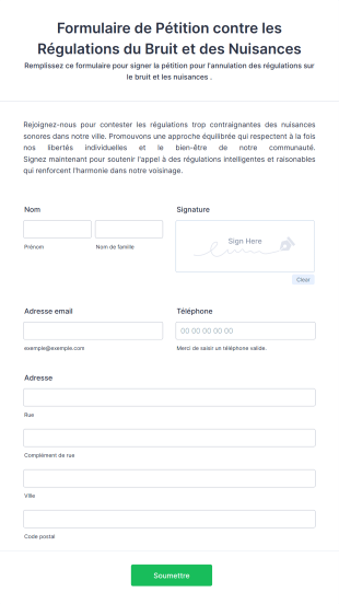Formulaire De Pétition Contre Les Régulations Du Bruit Et Des Nuisances Form Template
