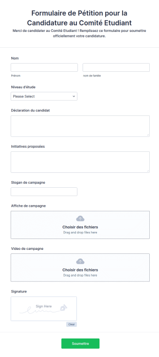 Formulaire De Pétition Pour La Candidature Au Comité Etudiant