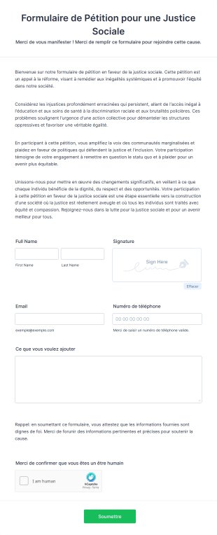 Formulaire De Pétition Pour La Justice Sociale Form Template