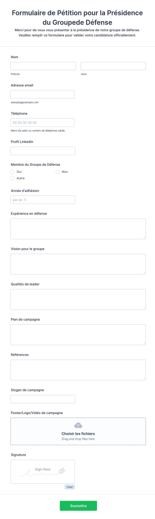 Formulaire De Pétition Pour La Présidence Du Groupede Défense