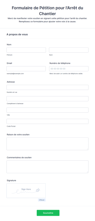 Formulaire De Pétition Pour L'Arrêt Du Chantier Form Template