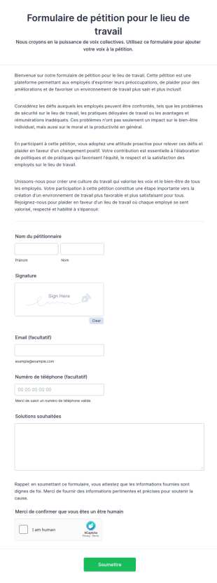Formulaire De Pétition Pour Le Lieu De Travail