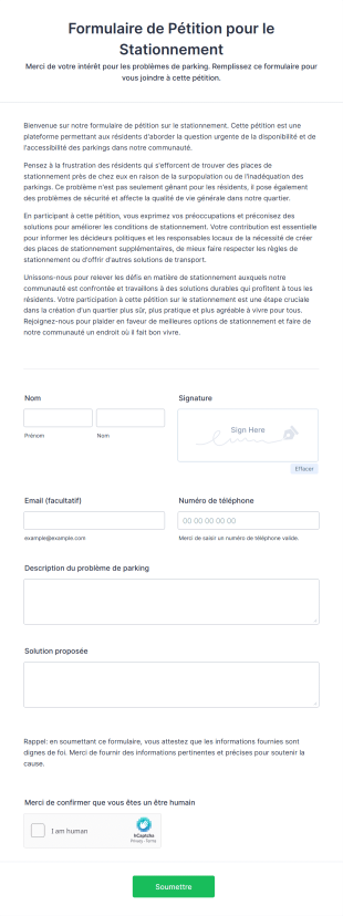 Formulaire De Pétition Pour Le Stationnement Form Template