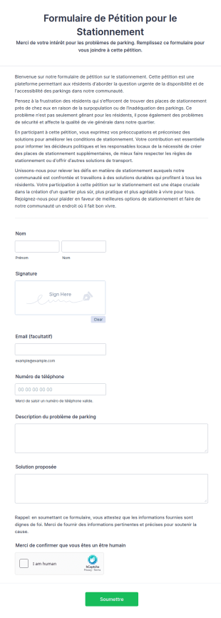 Formulaire De Pétition Pour Le Stationnement