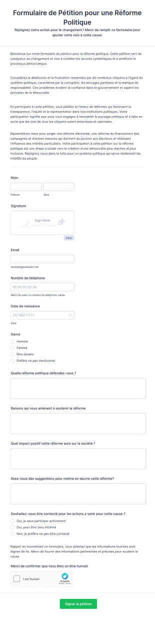 Formulaire De Pétition Pour Une Réforme Politique