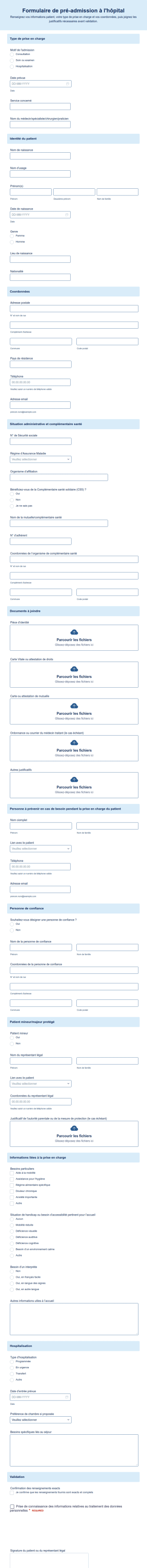 Formulaire De Pré Admission à L'hôpital
