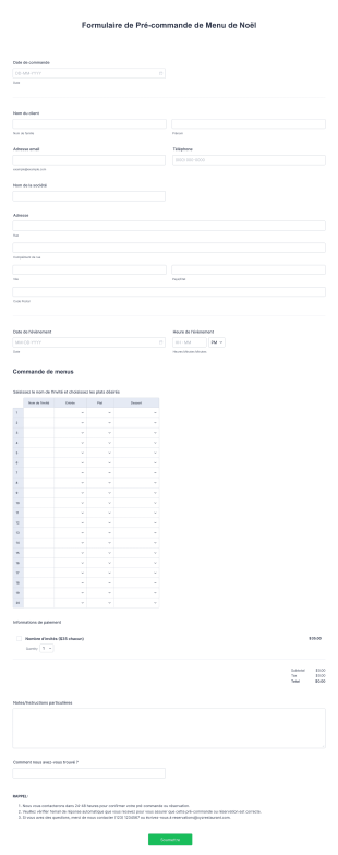 Formulaire De Pré Commande De Menu De Noël Form Template