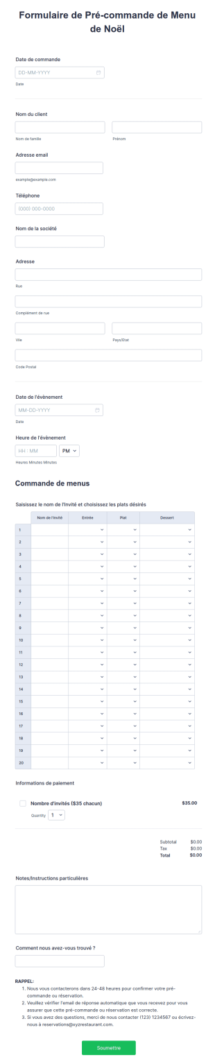 Formulaire De Pré Commande De Menu De Noël