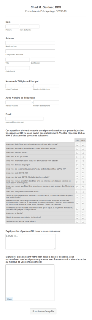 Formulaire De Pré Dépistage COVID 19 Pour Cabinet Dentaire
