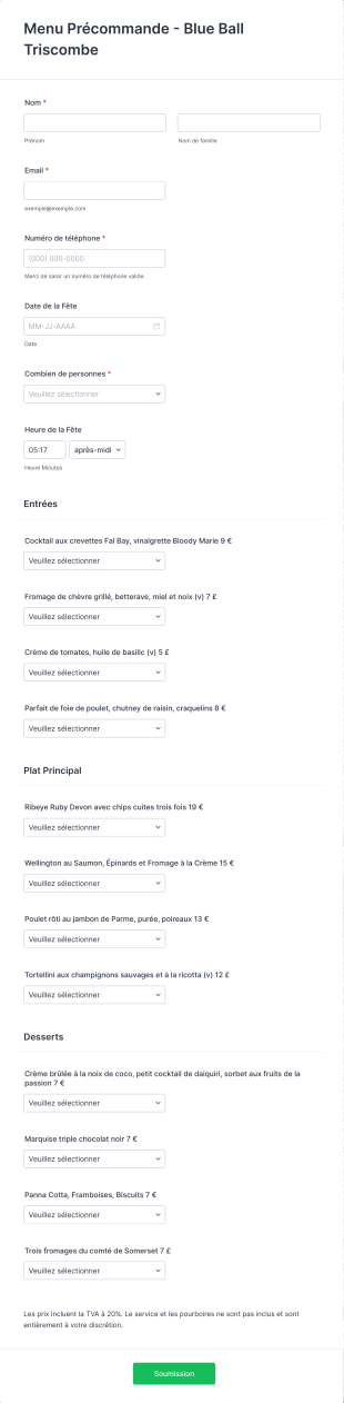 Formulaire De Précommande Pour Restaurant Form Template