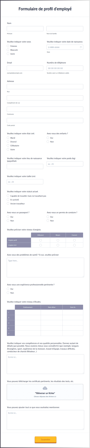 Formulaire De Profil D'employé Form Template