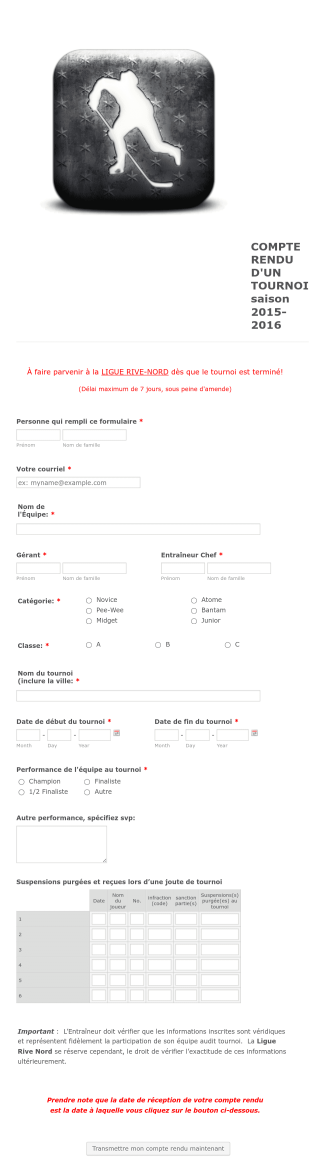 Formulaire De Rapport De Tournoi Form Template