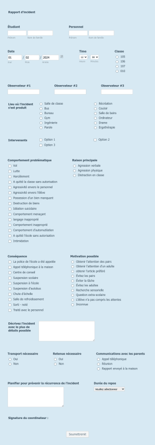 Formulaire De Rapport D'incident Scolaire Form Template