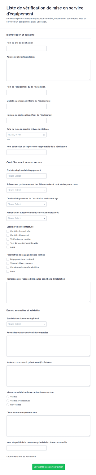 Formulaire De Réception Et Mise En Service Des équipements