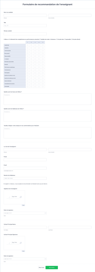 Formulaire De Recommandation De L'enseignant Form Template