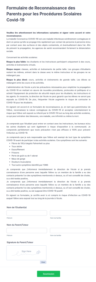 Formulaire De Reconnaissance Des Parents Pour Les Procédures Scolaires Covid 19