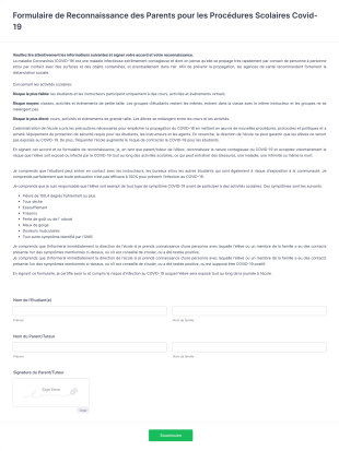 Formulaire De Reconnaissance Des Parents Pour Les Procédures Scolaires Covid 19 Form Template