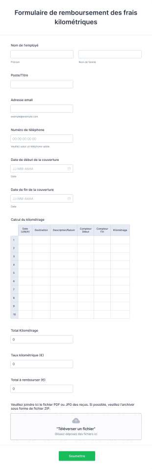 Formulaire De Remboursement Des Frais Kilométriques Form Template