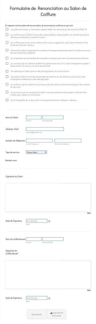 Formulaire De Renonciation Au Salon De Coiffure Form Template