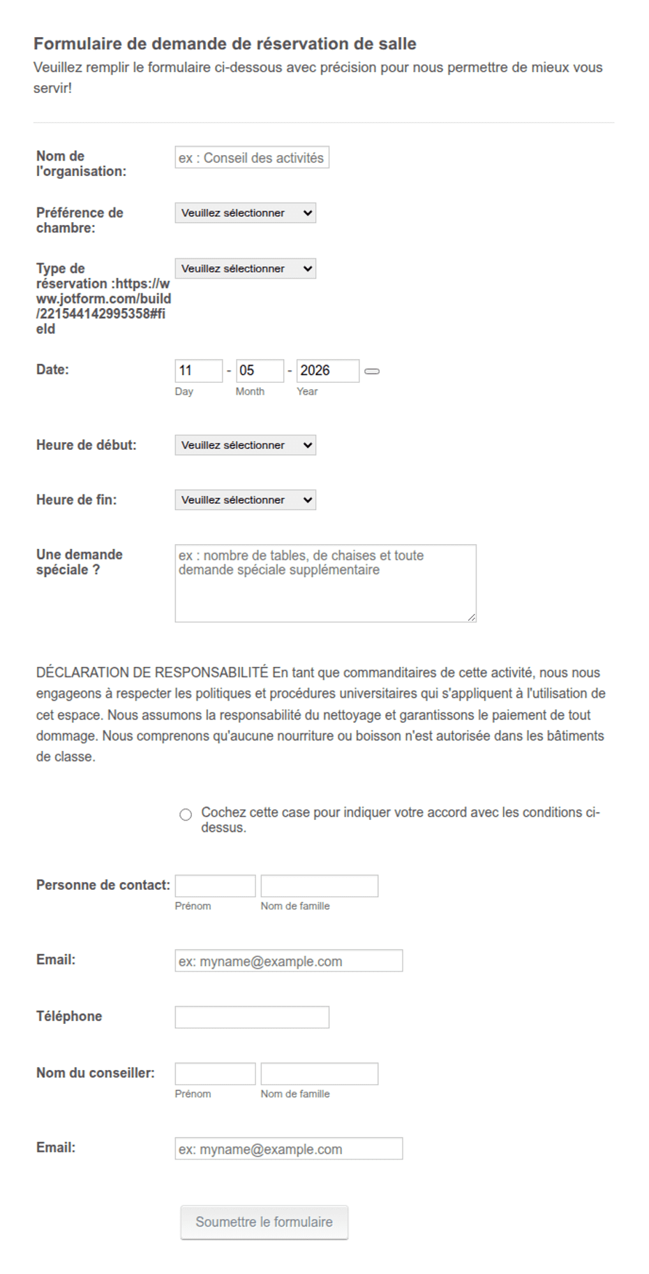 Formulaire de réservation de salle Modèle du formulaire | Jotform