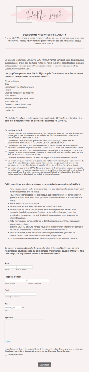 Formulaire De Responsabilité Pour L'Extension De Cils COVID 19