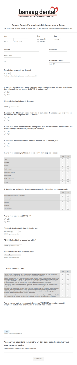 Formulaire De Triage COVID 19 De La Clinique Dentaire