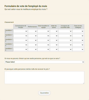 Formulaire De Vote De L'employé Du Mois